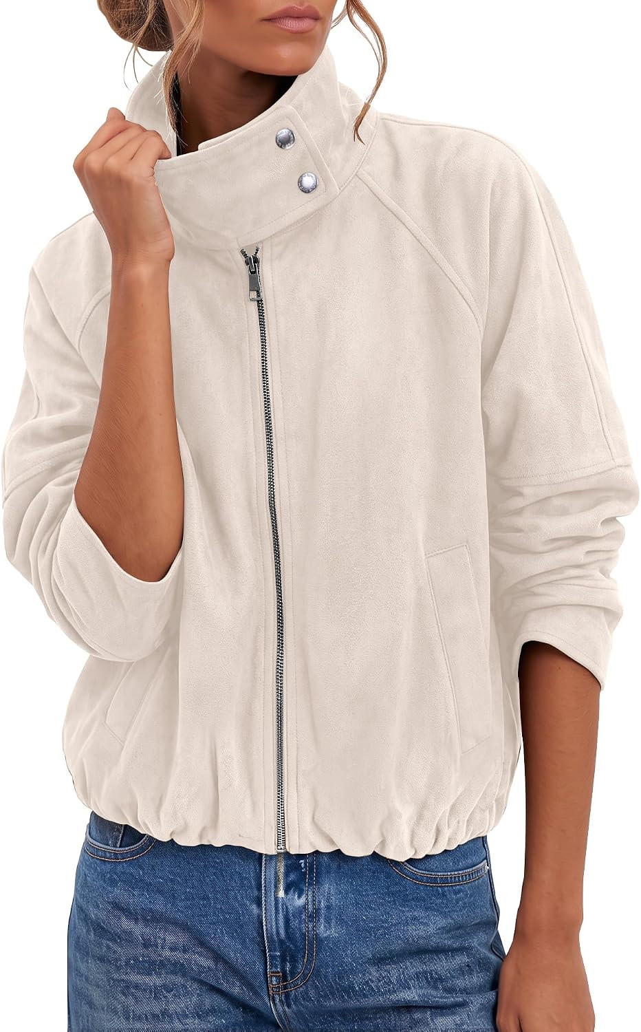 luvamia Faux Suede Jackets Women Oversized Cropped Funnel Neck Zip Up Coats | Amazon (US)