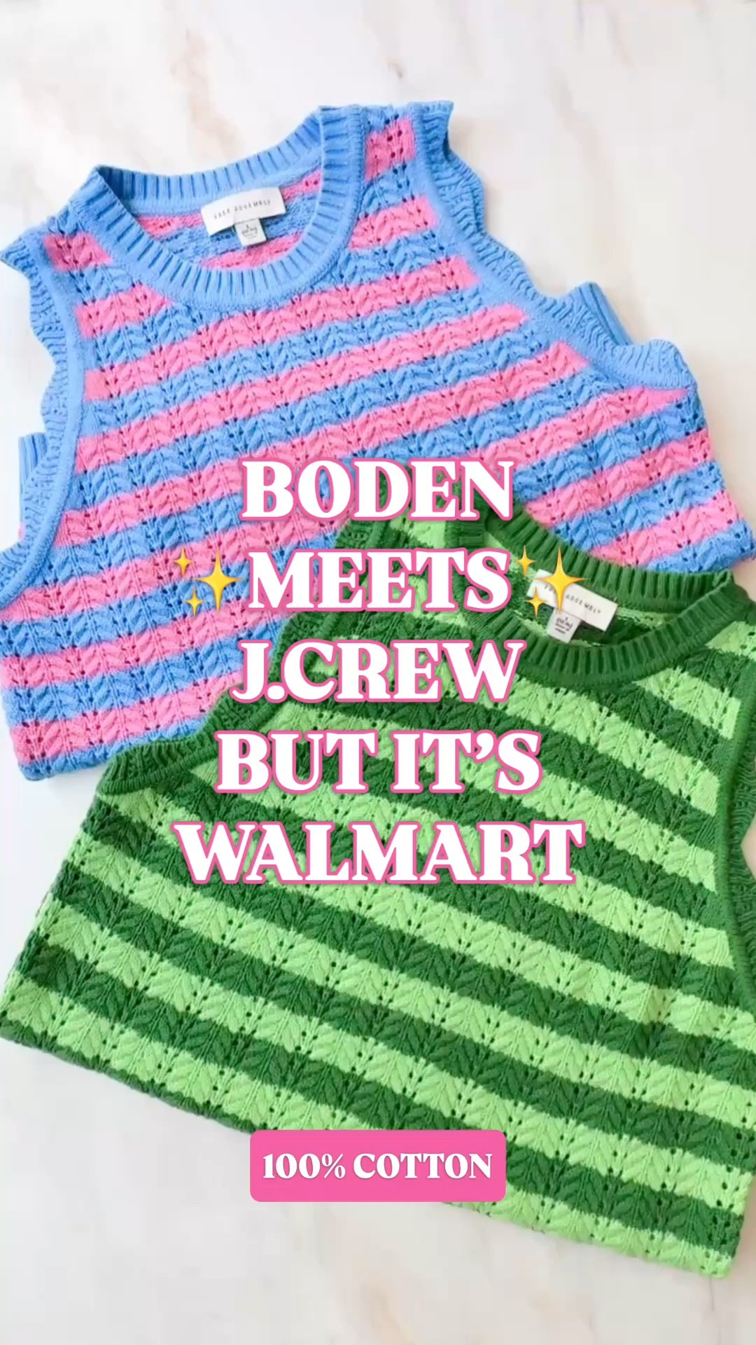 Boden meets J.Crew, but it’s Walmart.

The color story is pure Boden. The silhouette is pure J.Crew. The price tag is neither.

These Free Assembly crochet stripe tanks are exactly the kind of Walmart find that goes viral. Bright cheerful color, scalloped armhole detail, cotton crochet texture, and that classic summer shell silhouette that feels straight out of a J.Crew catalog with a little Boden charm worked in.

They’re 100% cotton, machine washable, lightweight, and easy in the way the best summer pieces are easy. The green stripe gives classic sporty-prep. The blue and pink stripe brings the playful colorful-preppy energy. Both look far more expensive than they have any business looking at Walmart.

These are the tanks you wear with white denim, navy shorts, chino shorts, linen pants, denim shorts, or a tennis skirt and suddenly the outfit is done. Clean, colorful, polished, and effortless.

If you shop Boden, J.Crew, Tuckernuck, Talbots, or Vineyard Vines and love a good designer look for less, these deserve a spot in your cart.

Keywords: Walmart summer tops, Walmart fashion finds, Walmart style, Free Assembly top, summer tank tops women, crochet tank top, crochet knit tank, sweater tank women, sleeveless sweater top, cotton tank top women, 100 cotton top women, striped tank top women, colorful summer top, preppy summer top, cute summer tops, Boden look for less, Boden inspired top, J.Crew look for less, J.Crew inspired top, designer look for less, preppy look for less, sporty preppy style, coastal preppy style, country club casual outfit, white denim outfit, navy shorts outfit, linen pants outfit, tennis skirt outfit, vacation outfit women, beach town outfit, lake weekend outfit

#LTKFindsUnder50 #Boden #JCrew #WalmartStyle #WalmartFinds #SummerOutfits #PreppyStyle #LookForLess

#LTKWorkwear #LTKSeasonal #LTKOver40