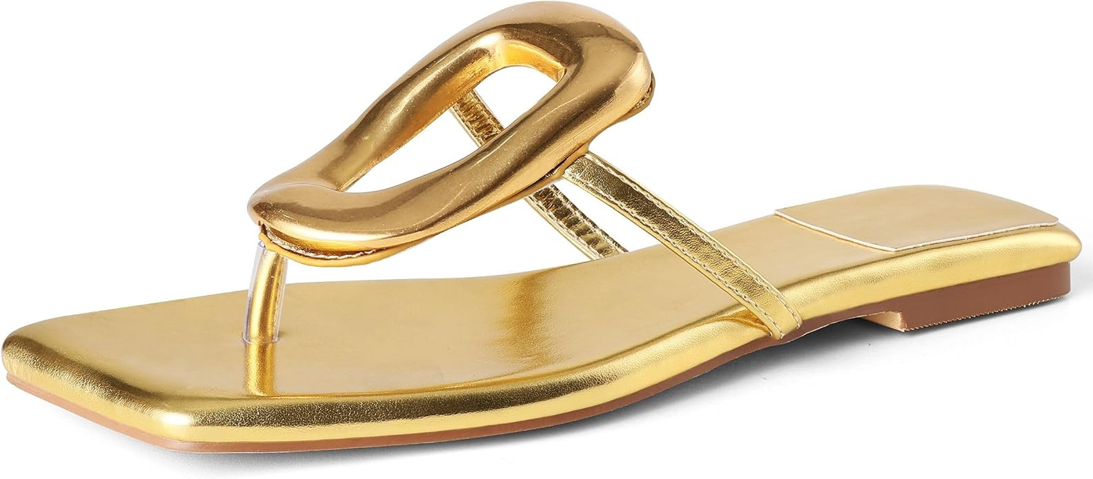 Metal Pendant Thong Sandals For Women Square Toe Flat Sandals Fashion Flip Flops Summer Beach Sli... | Amazon (US)