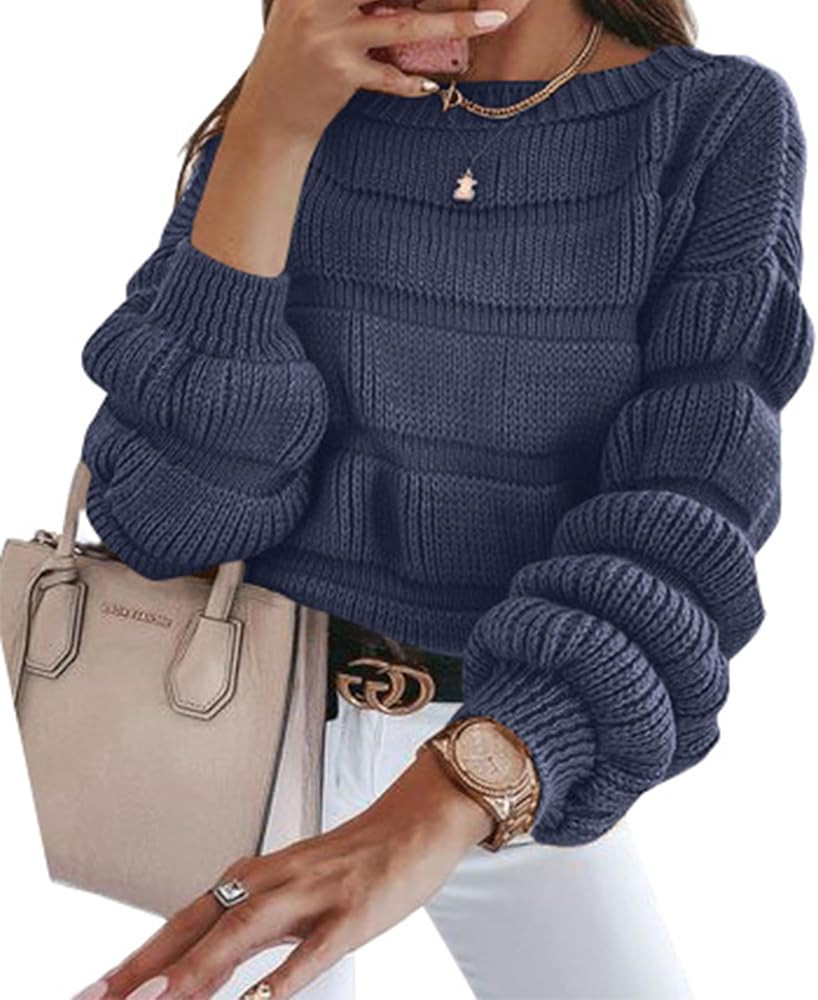 PRETTYGARDEN Women's 2023 Fall Sweaters Casual Crew Neck Pullover Long Puff Sleeve Loose Plain Chunk | Amazon (US)