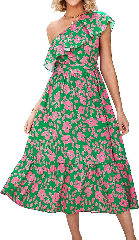 BTFBM Women's One Shoulder Maxi Dress Sleeveless Casual Summer Layered Ruffle Boho Floral Print P... | Amazon (US)