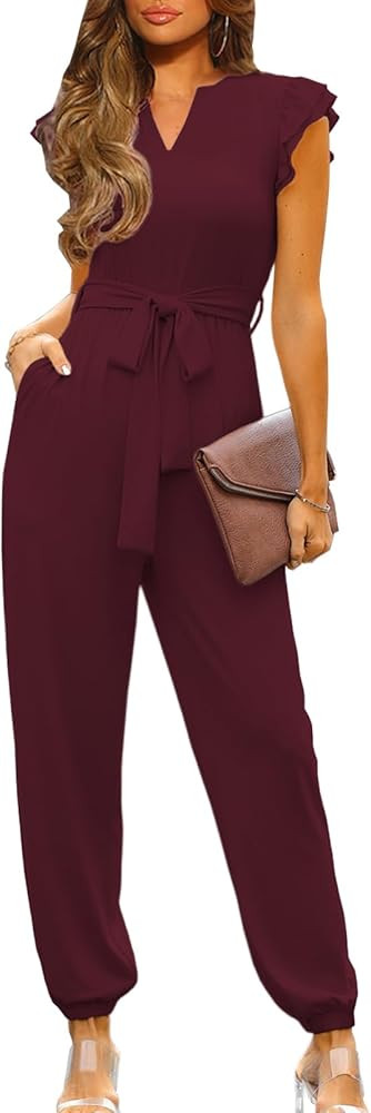 Happy Sailed Womens Jumpsuits Casual Dressy V Neck Frill Sleeve Waist Belt Pockets Long Pants Rom... | Amazon (US)