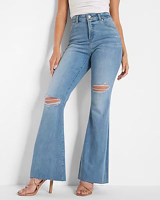 Conscious Edit High Waisted Curvy Light Wash Ripped Flare Jeans | Express
