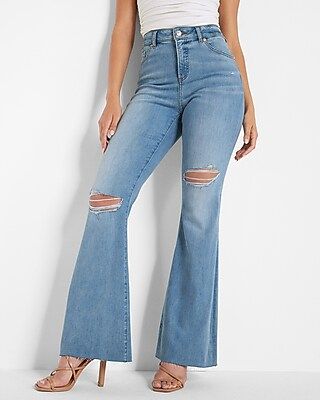 Curvy Conscious Edit High Waisted Light Wash Ripped Flare Jeans | Express