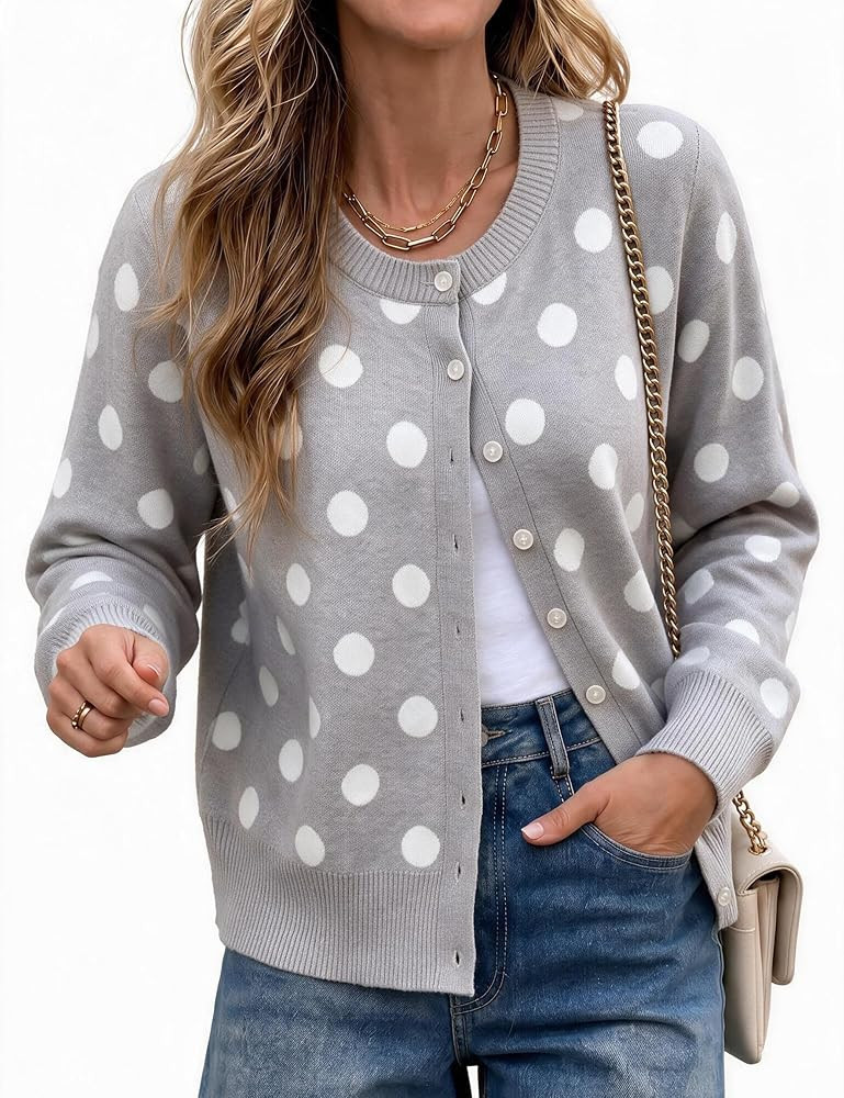 Zhiyouni Women's Cardigan Sweater Polka Dot Button Up Knit Top | Amazon (US)