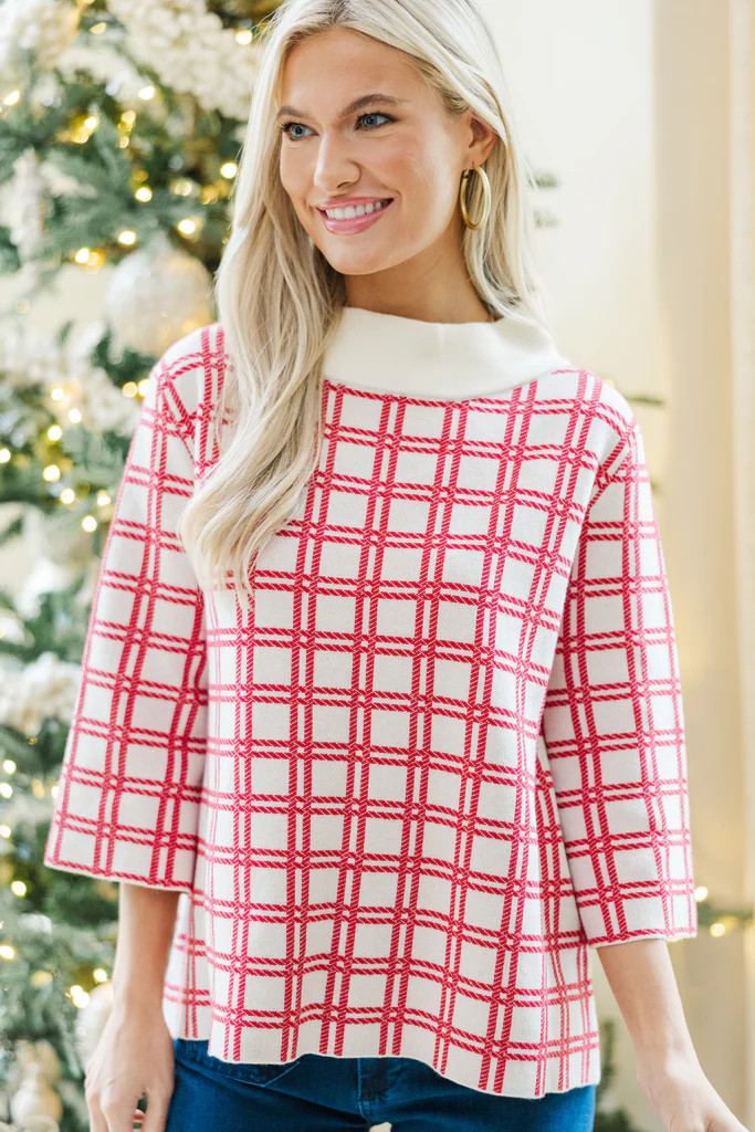 Just A Feeling Red Plaid Mock Neck Sweater | The Mint Julep Boutique
