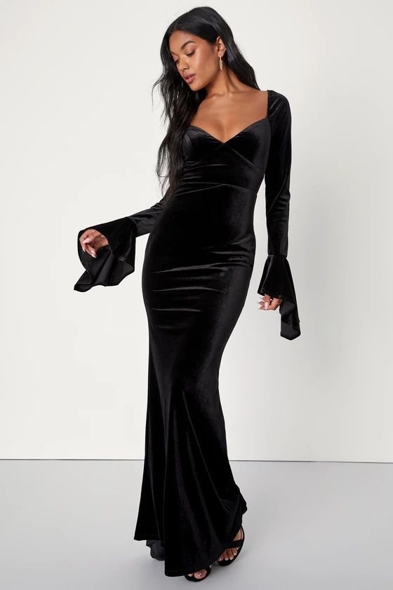 Dramatic Instincts Black Velvet Bell Sleeve Mermaid Maxi Dress | Lulus (US)