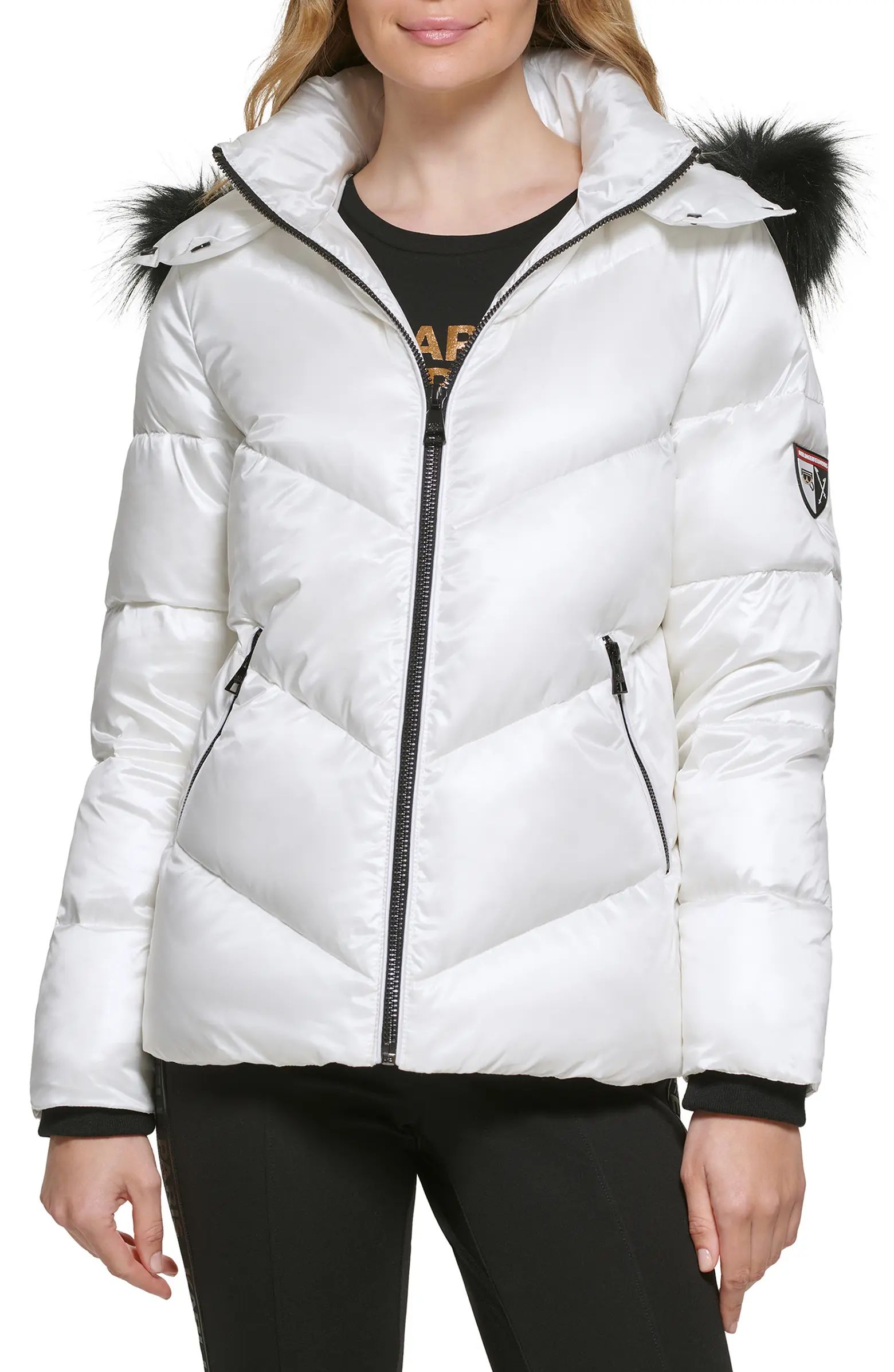 Aprés Ski Chevron Water Resistant Down & Polyester Fill Puffer Jacket with Removable Faux Fur Tr... | Nordstrom