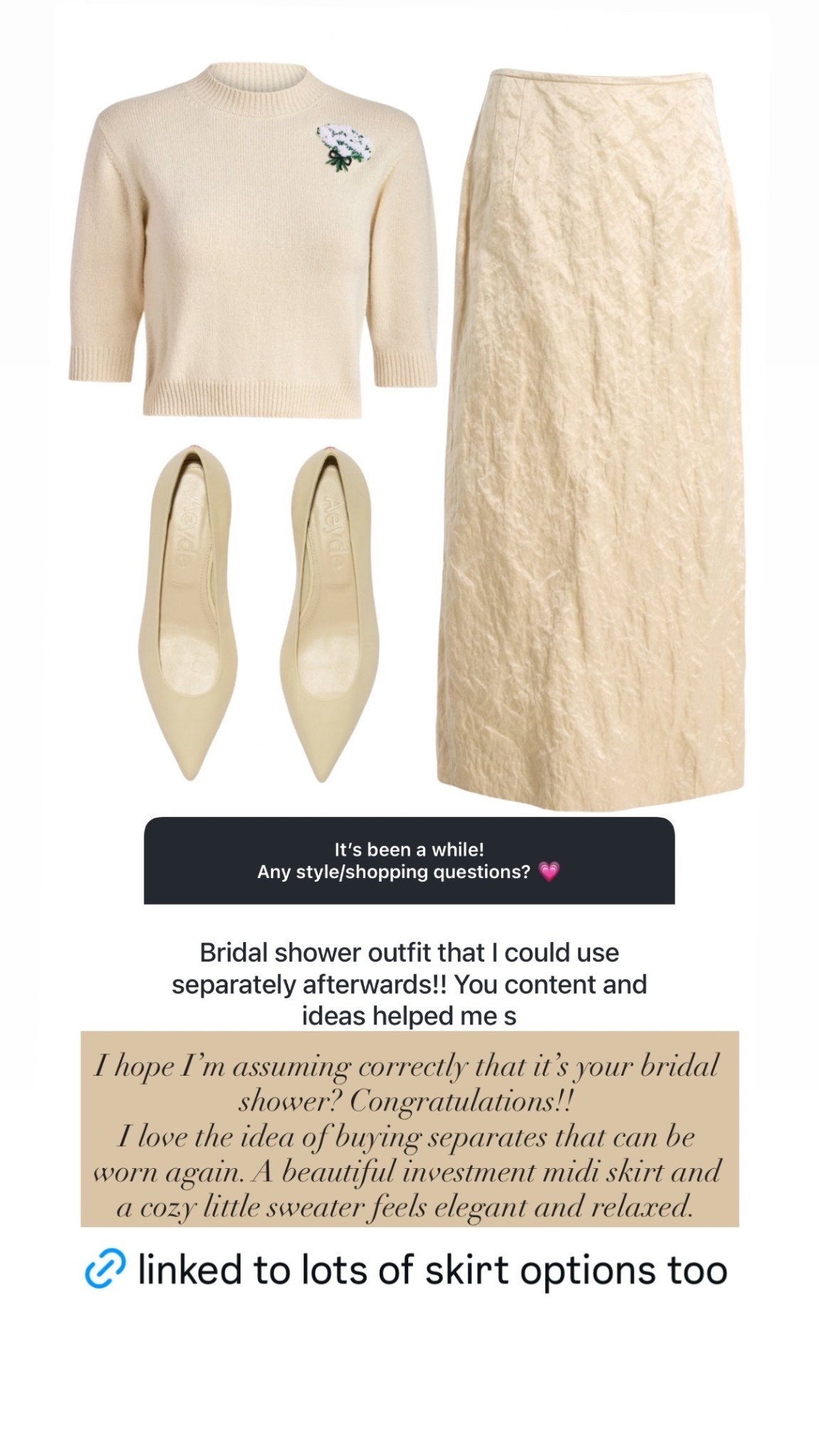 Bridal shower outfit inspiration

#OOTD
#classicstyle
#whiteskirt
#ivoryskirt
#bridalshower