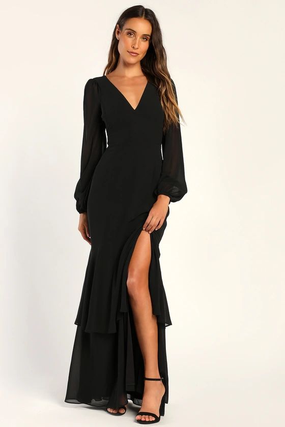 Tier Elegance Black Long Sleeve Tiered Maxi Dress | Lulus (US)