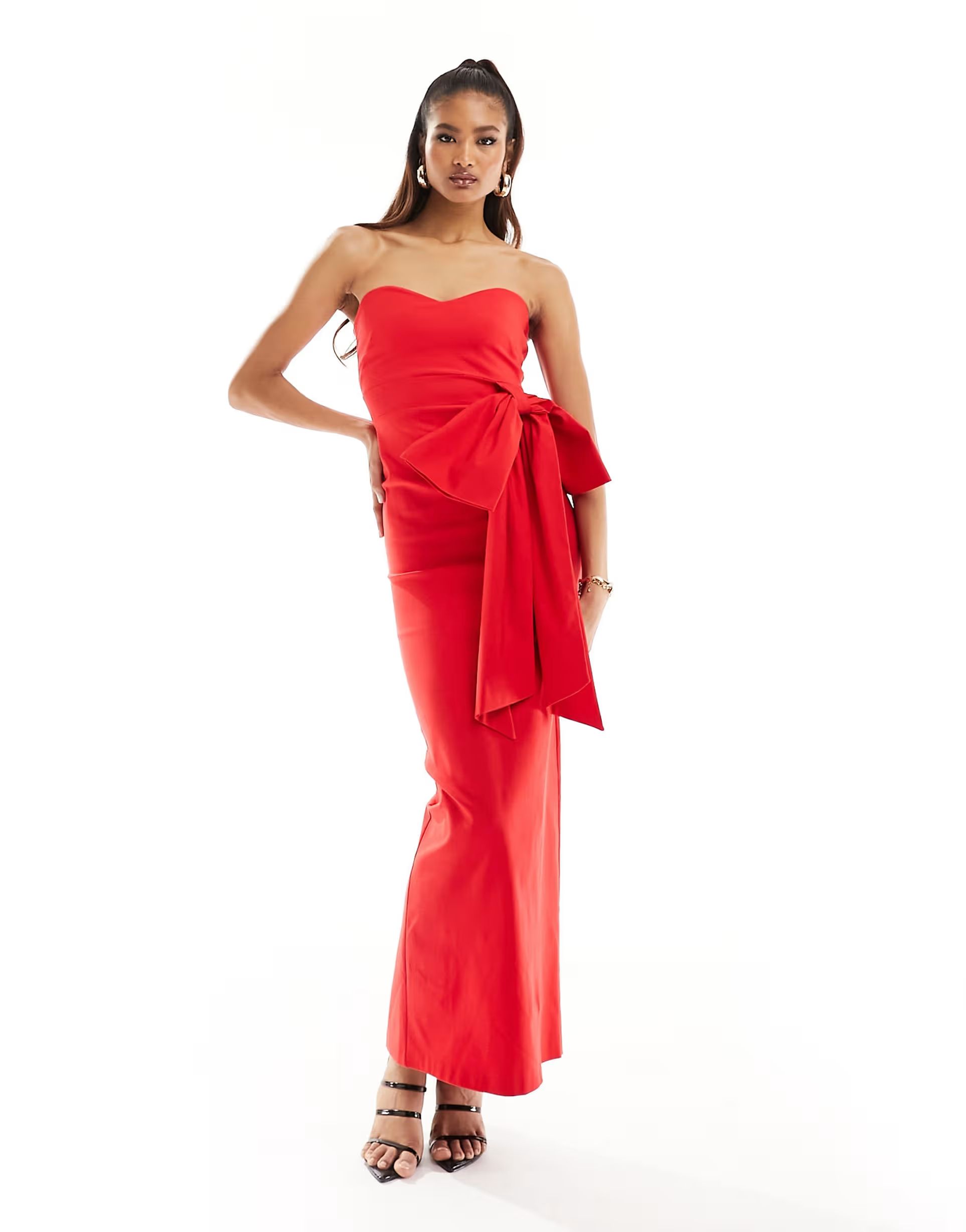 Vesper exclusive bandeau oversized bow maxi dress in red | ASOS | ASOS (Global)