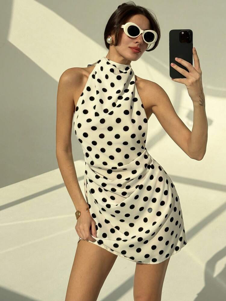 Aloruh Minimalist Commuter Neck Tie Backless Bodycon Ruched White Polka Dot Mini Dress For Women,... | SHEIN