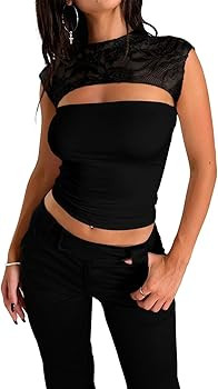 REORIA Women's Sexy Cutout Lace Flower High Neck Sleeveless Slim Y2K Going Out Crop Tank Tops | Amazon (US)