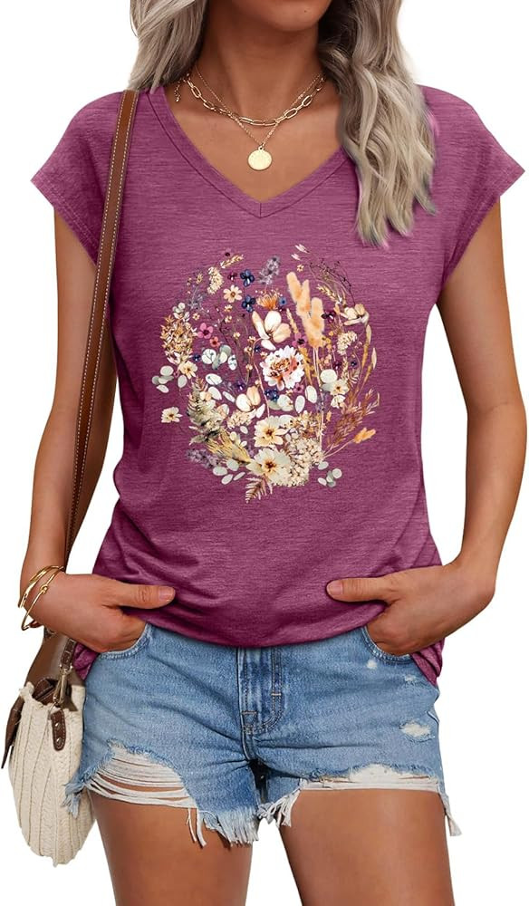 Womens Cap Sleeve Vintage Flowers V Neck Shirt Boho Floral Wildflowers Graphic Tees Funny Cottage... | Amazon (US)