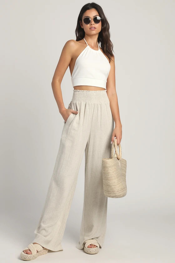 Hit the Breeze Beige Smocked Wide-Leg Pants | Lulus