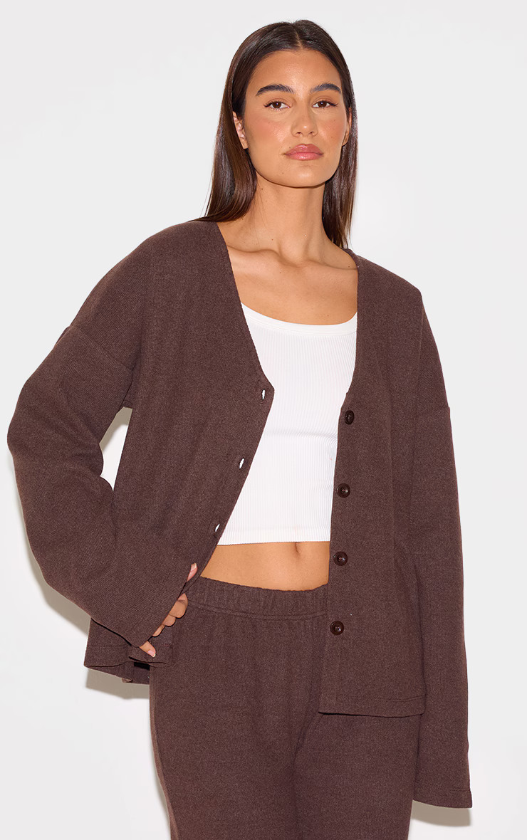 Brown Heavy Brushed Rib V Neck Button Up Cardigan | PrettyLittleThing US