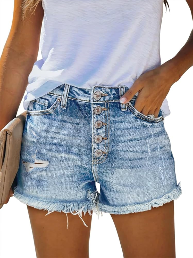 onlypuff Jean Shorts for Women Frayed Cut Off Denim Short High Waisted Ripped Distressed Mid Rise... | Amazon (US)