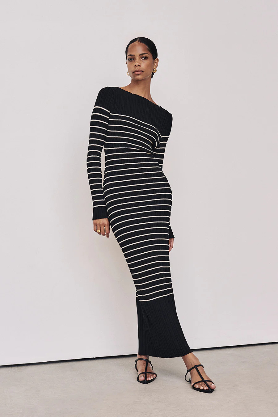 BILLIE BLACK STRIPE LONG SLEEVE MIDI DRESS | DISSH