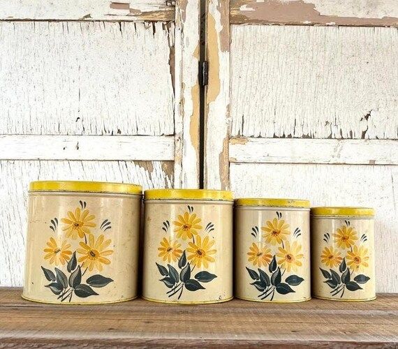 Fantastic Vintage Set of Four Hand Painted NC Colorware Tin Nesting Canisters, Yellow Floral - Fa... | Etsy (US)