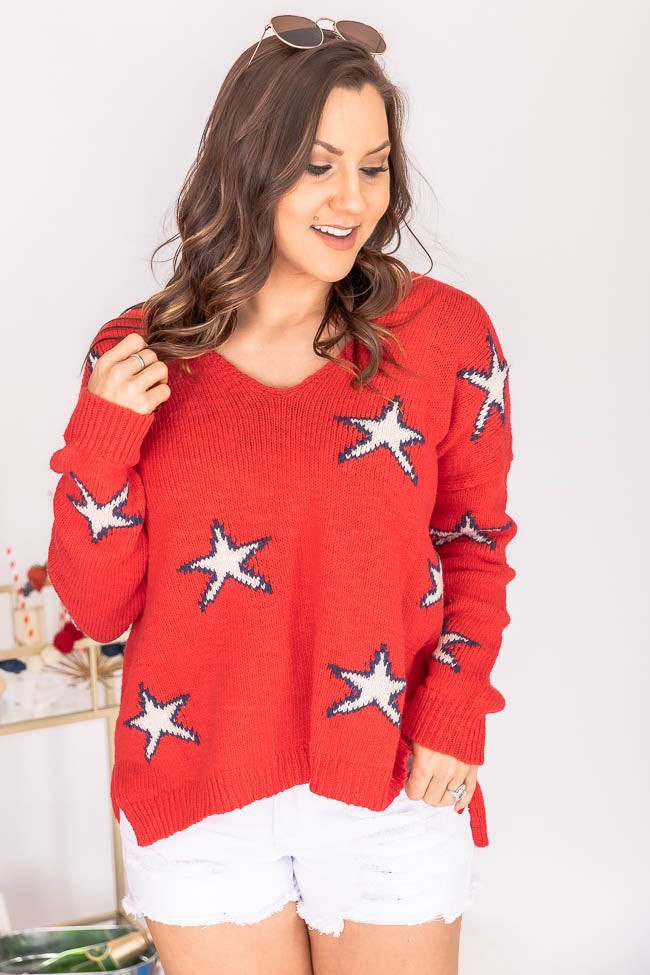 Take A Minute Red Star Print V-Neck Sweater | Pink Lily