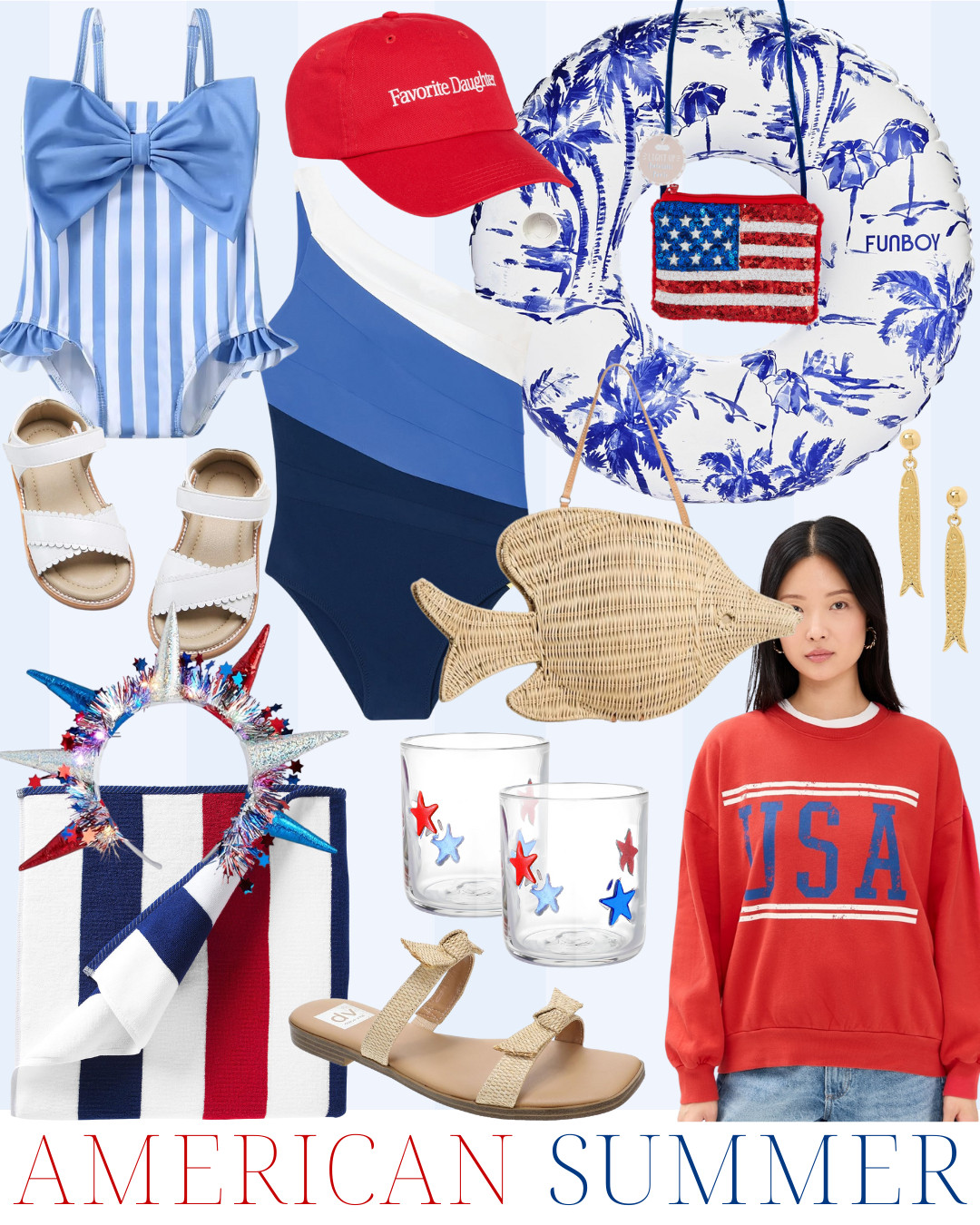 red white and blue outfit | patriotic swimwear | 4th of July style | USA sweatshirt | kids striped swimsuit | summer pool float | woven beach bag | star glasses | Fourth of July accessories | festive headband | beach day essentials | summer family matching 

 #LTKSeasonal #LTKStyleTip #LTKShoeCrush