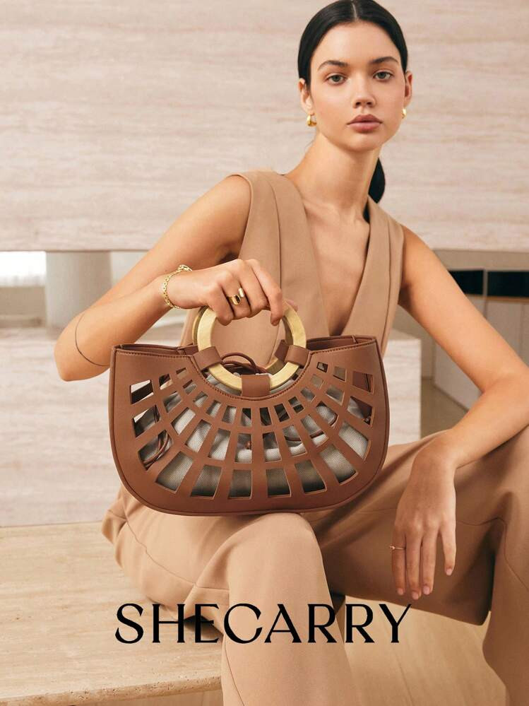 SHECARRY Bolso De Asa Superior Básico Y Elegante Para Mujer, Bolsa De Gran Capacidad, Para Damas, Para Mujeres, Para Vacaciones, Para El Verano, Con Asa De Madera Y Diseño De Bolso De Mimbre Hueco Portátil | SHEIN