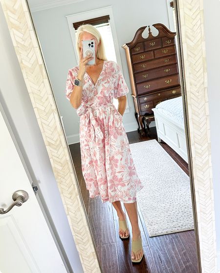 Prettiest wrap dress! Runs a little big. Went down a size. Has pockets too and is lined. Use code: ASHLEYBJS10 for $10 off your order. @summersalt #summersaltjetsetter These sandals are also on major sale! They fit true to size. They were $248 and are now marked down to $99!