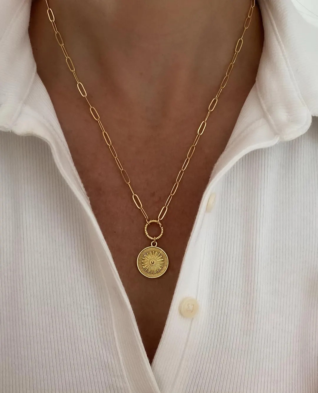 24k Gold Paperclip Chain Necklace With Charm Ring Closure, Gold Necklace, Charm Medallion Necklac... | Etsy (US)