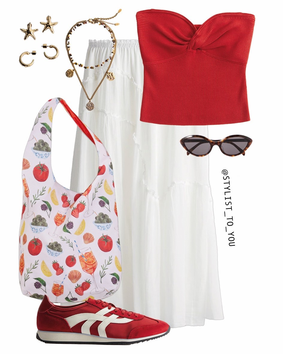 Tomato girl summer 🍅

Flat lay of a fun and casual summer outfit featuring a red bandeau-style ribbed knit twist detail top, flowy tiered white maxi skirt, red and white retro trainers sneakers, food and drink illustration printed reusable tote bag, tortoiseshell cat-eye sunglasses, layered gold necklaces with charms, star and hoop earrings. A playful yet relaxed look perfect for a stroll or summer market outing. red outfit white maxi skirt retro sneakers fruit print bag tortoiseshell sunglasses summer casual look tomato girl sporty chic outfit fun accessories lightweight skirt easy summer outfit bold color blocking vacation casual euro summer market day look walking friendly outfit mix of sporty and feminine breezy style playful colors ribbed knit top gold layered jewelry charm necklaces casual cool summer weekend vibe relaxed glam star earrings bold accessories unique print bag statement tote casual layering versatile look comfy fashion streetwear touch italian summer influence effortless chic

#LTKuk #LTKeurope #LTKsummer