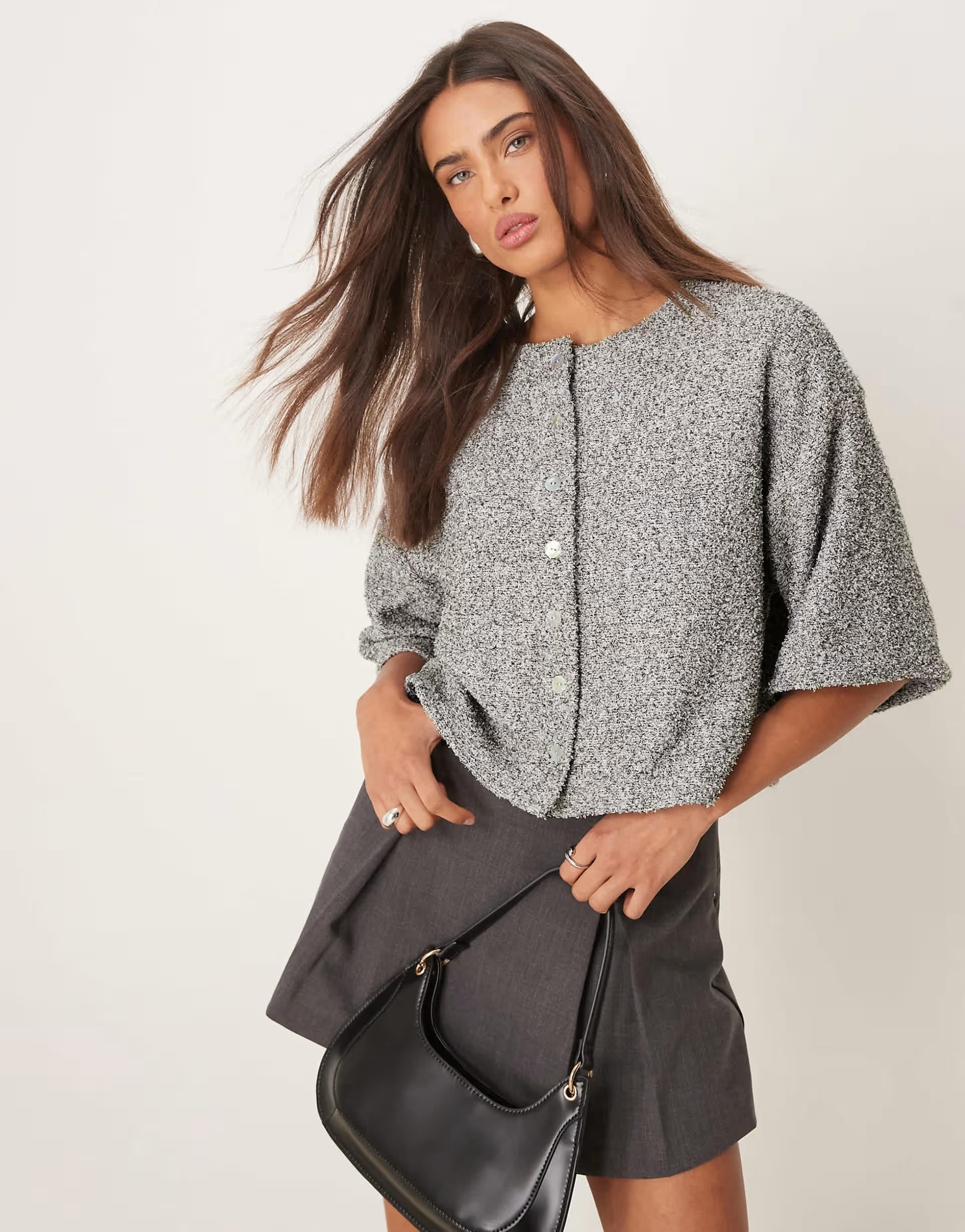 ASOS DESIGN boxy dropped shoulder fluffy top in salt and pepper | ASOS (Global)