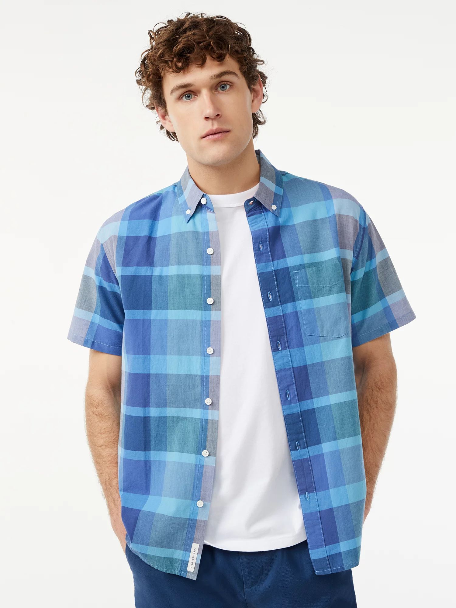 Free Assembly Men's Madras Button Down Shirt with Short Sleeves | Walmart (US)