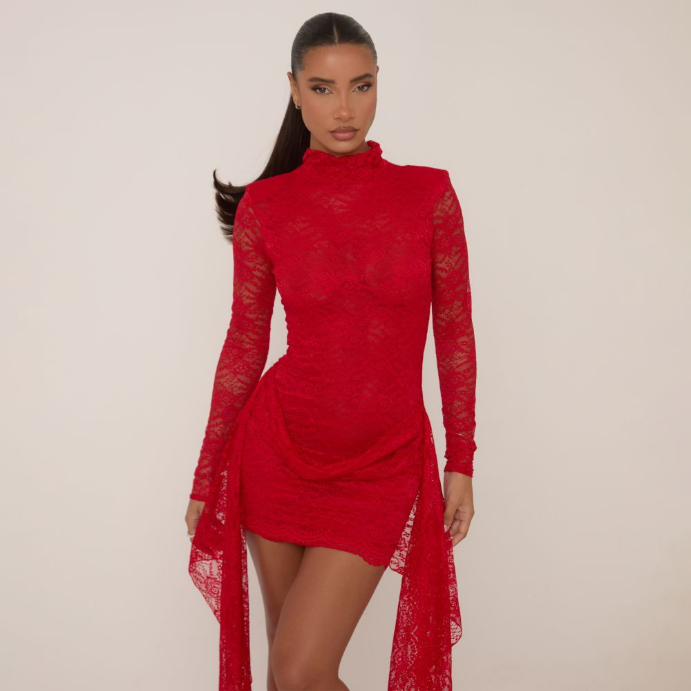 Long Sleeve High Neck Drape Detail Mini Dress In Red Lace | EGO Shoes (US & Canada)