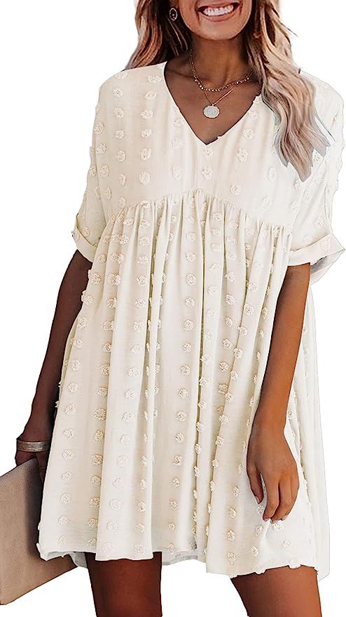 ECOWISH Women Summer Dress V-Neck Polka Dot Short Sleeve Casual Loose Flowy Swing Tunic Dresses | Amazon (US)