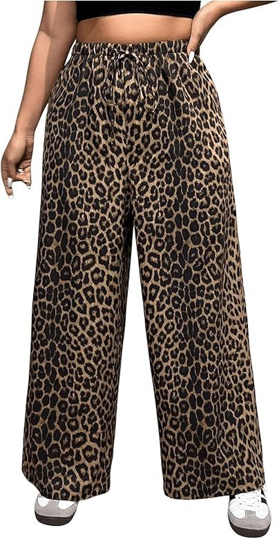 MakeMeChic Women's Plus Size Leopard Print Pants Drawstring Waist Wide Leg Loose Long Trousers | Amazon (US)