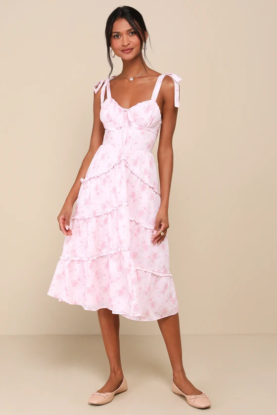 Unbelievably Darling Pink Floral Buster Tie-Strap Midi Dress | Lulus