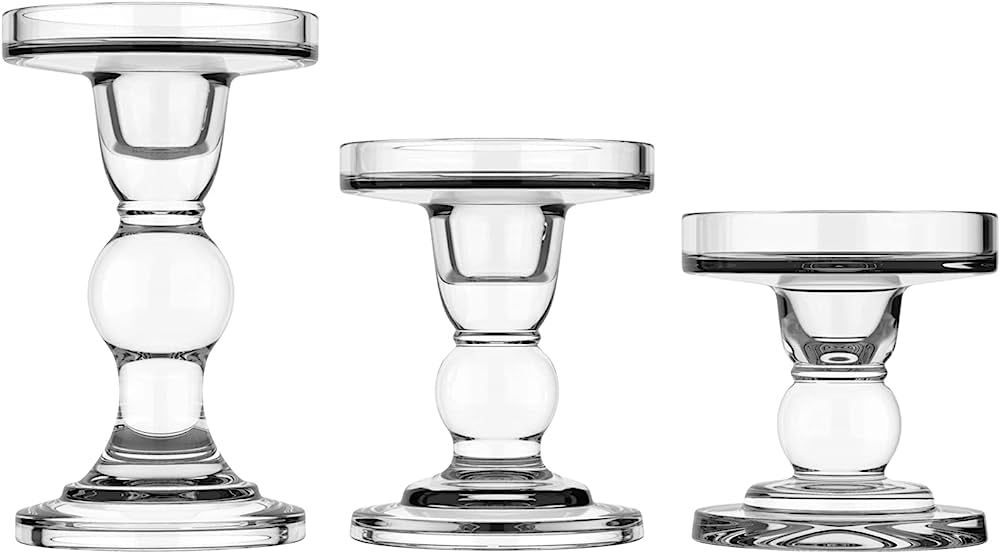Lewondr Glass Candle Holders, 3 Pieces Crystal Clear Candlesticks with Elegant Design for Pillar ... | Amazon (CA)