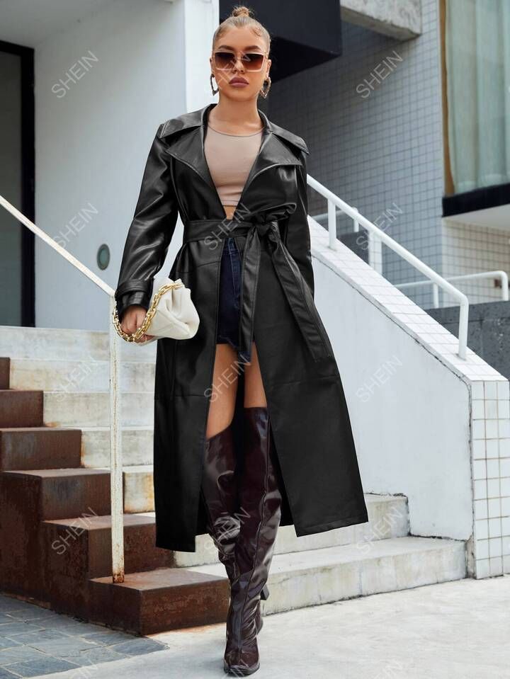 SHEIN BAE Lapel Neck Belted PU Leather Longline Coat | SHEIN