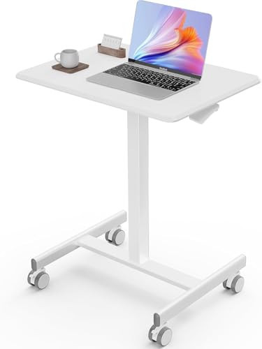 Sweetcrispy Mobile Small Standing Desk - Sit Stand Portable Rolling Laptop Desk with Lockable Wheels, Adjustable Height Computer Workstations, White | Amazon (US)