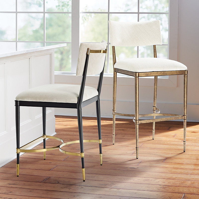 Set of 3 Angelina Bar & Counter Stool - 24-3/4" Counter Height, Antiqued Textured Brass Counter Stool, Ivory Linen Parks Performance - Frontgate | Frontgate