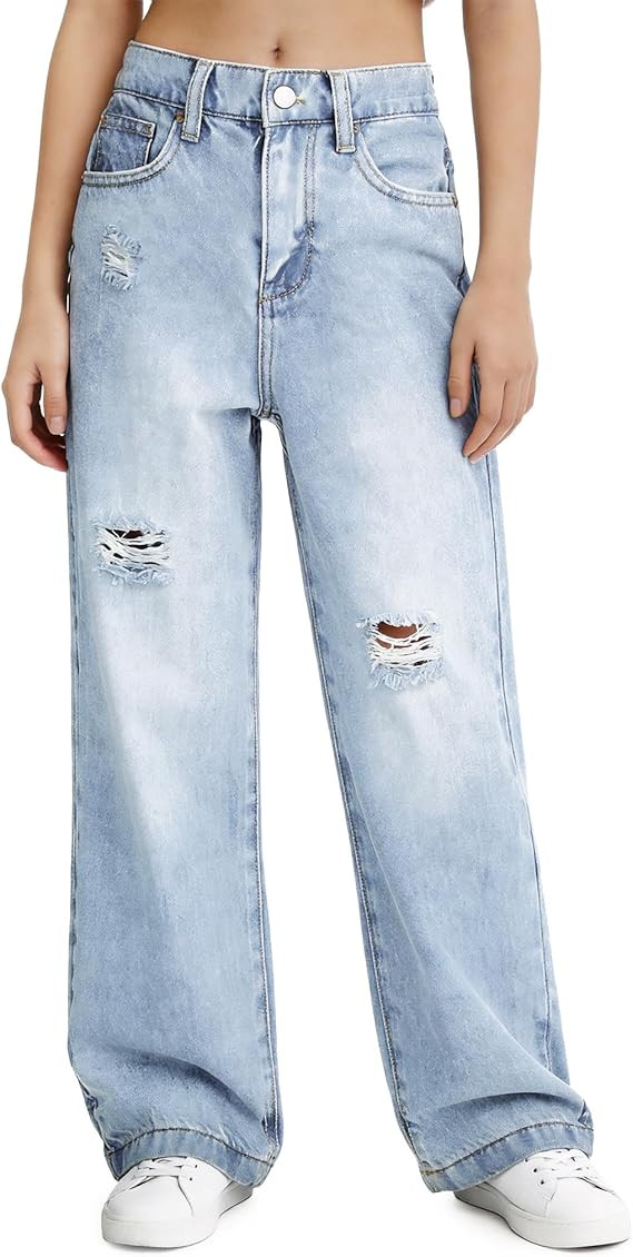 PATPAT Girls Wide Leg Jeans Size 4-14 Years Elastic Waist Ultra Stretch Baggy Jeans with Pockets | Amazon (US)