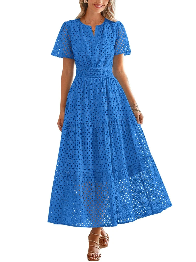 PRETTYGARDEN Womens Summer Maxi Dress Short Sleeve V Neck Hollow Out Eyelet A Line Long Flowy Bea... | Walmart (US)