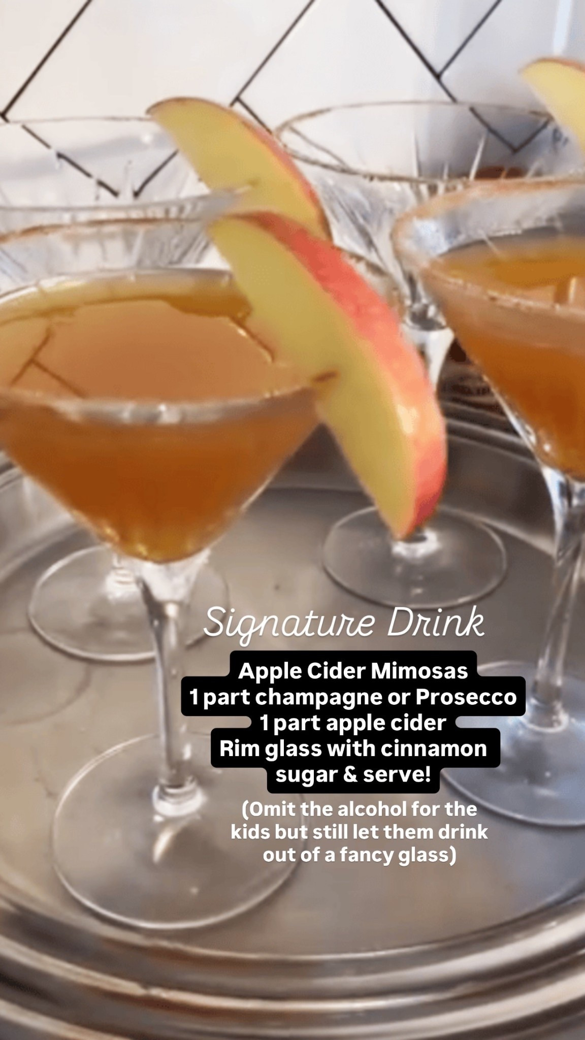 signature thanksgiving drink

Apple Cider Mimosas
1 part champagne or Prosecco
1 part apple cider
Rim glass with cinnamon sugar & serve! Signature Drink (Omit the alcohol for the kids but still let them drink out of a fancy glass)

#LTKHome #LTKHoliday #LTKfoodie