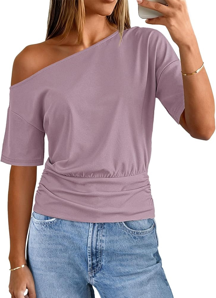 MEROKEETY Women's Off The Shoulder Short Sleeve Tops 2026 Summer Casual Going Out Trendy Y2k T Sh... | Amazon (US)