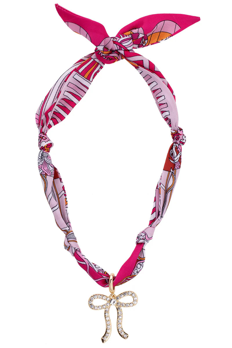 Cassie Pave Bow Scarf Necklace in Fuchsia/Orange/White | CANVAS