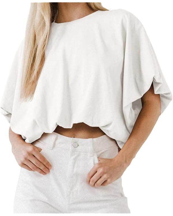 Womens Summer Crewneck Crop Tops Short Sleeve Casual Loose Cropped T Shirts | Amazon (US)