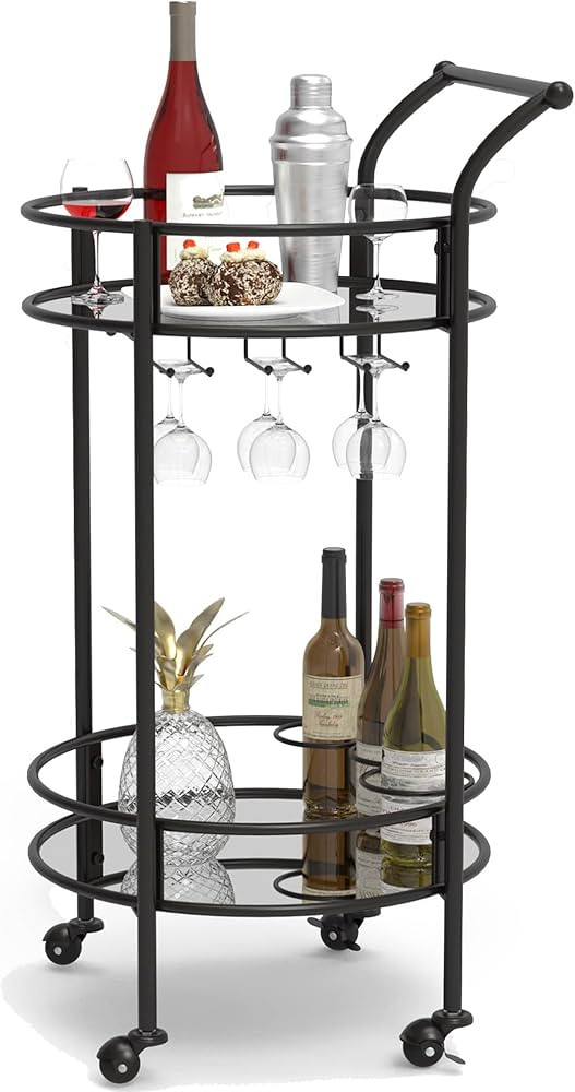 Round Black Rolling Bar Cart with 2 Mirror Shelves, Wine Rack and Lockable Casters, Suitable for ... | Amazon (US)