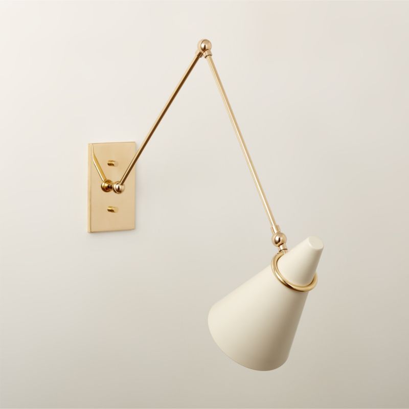 Aldus Modern Ivory and Polished Brass Swing Arm Wall Sconce + Reviews | CB2 | CB2