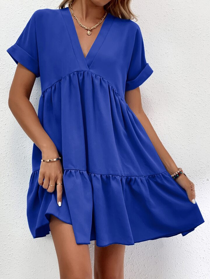 SHEIN LUNE Roll Cuff Ruffle Hem Solid Dress | SHEIN