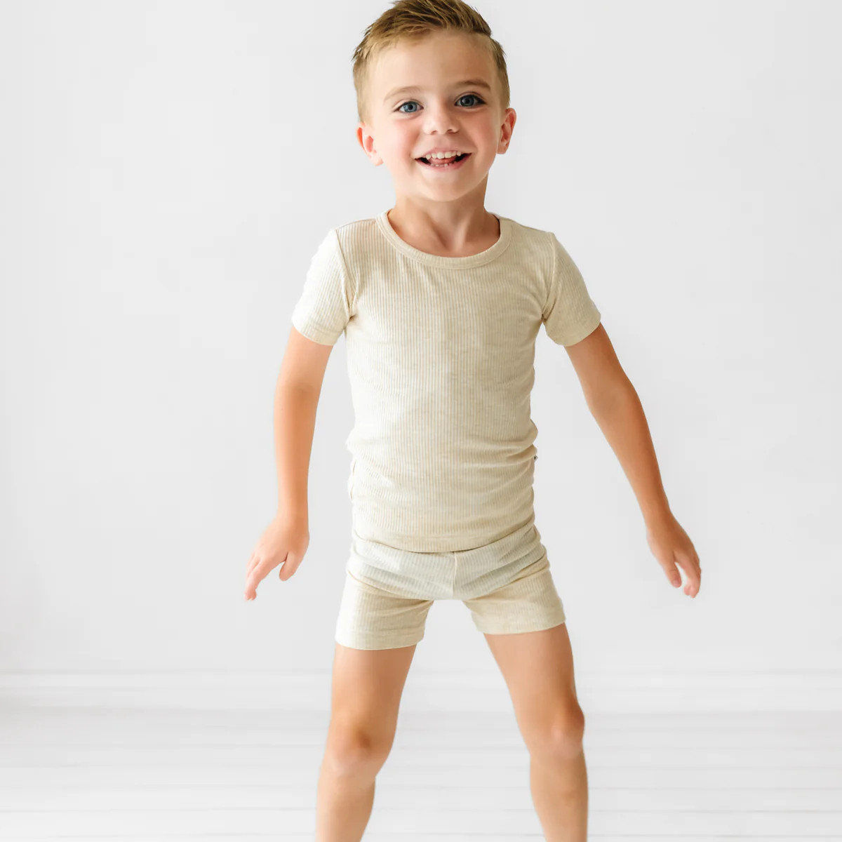Heather Oatmeal Ribbed Two-Piece Short Sleeve & Shorts Pajama Set | Little Sleepies