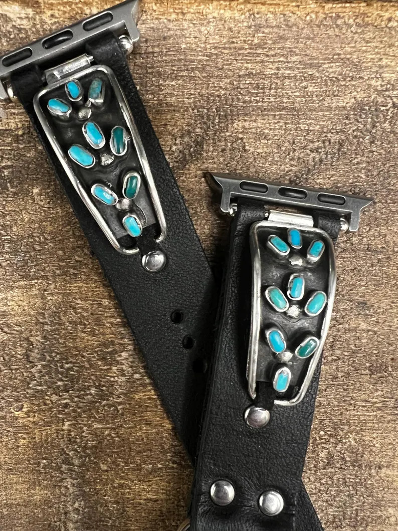 Custom Made Black Leather Apple Watch Band Southwestern Style With Sterling Silver and Turquoise ... | Etsy (US)